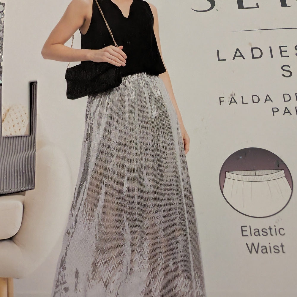 "Serra" Silver Sequinned Maxi Skirt.  Size M